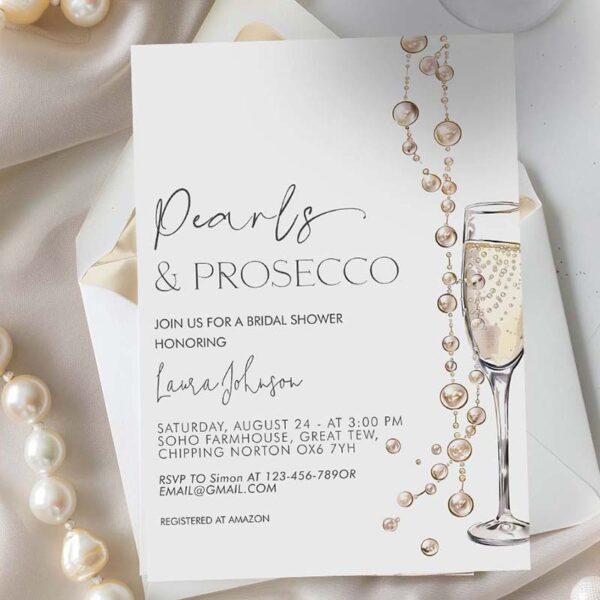 pearls and prosecco bridal shower invitation